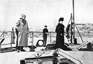 Empress Marie and Grand Duke Nicolas Nicholaivich stand on deck as they evacuate