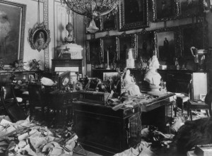 October 1917: A ransacked room in the Tsar's Winter Palace, Petrograd (St Petersburg), after suffering damage at the hands of Bolshevik troops in the Russian Revolution. The whole room is in disarray and broken works of art lie among the debris. (Photo by Slava Katamidze Collection/Getty Images)